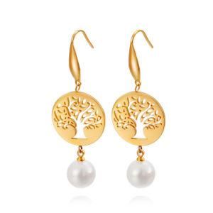 Round Tree of Life Pearl Gold-Plated Stainless Steel Earrings Stud