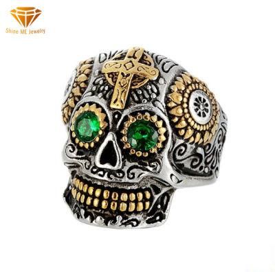 Titanium Steel/Stainless Steel Tibetan Carved Gabala Green Eyes Skull Punk Ring for Men Sgmr2619