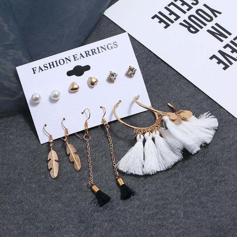 Fashion Tassel Ear Set Feather Drop 6 Pairs Stud Earrings Set