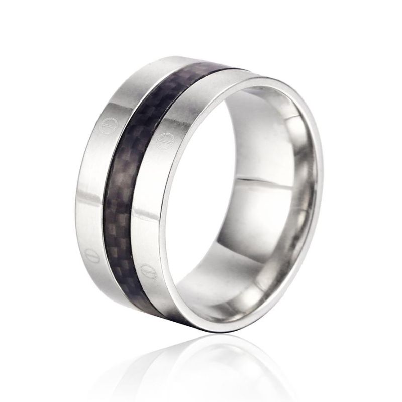 Top Grade 316L Surgical Stainless Steel Men′ S Carbon Fiber Hammered Patterns Inlay Wedding Band Engagement Rings OEM Collection