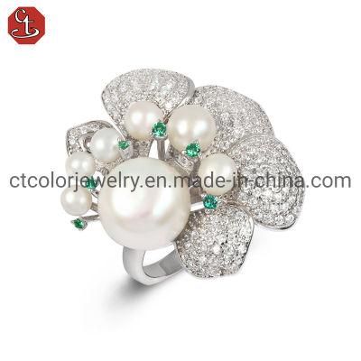 Luxury Lady Jewelry Cubic Zircon Diamond Pearl Ring Classic CZ White Silver Ring