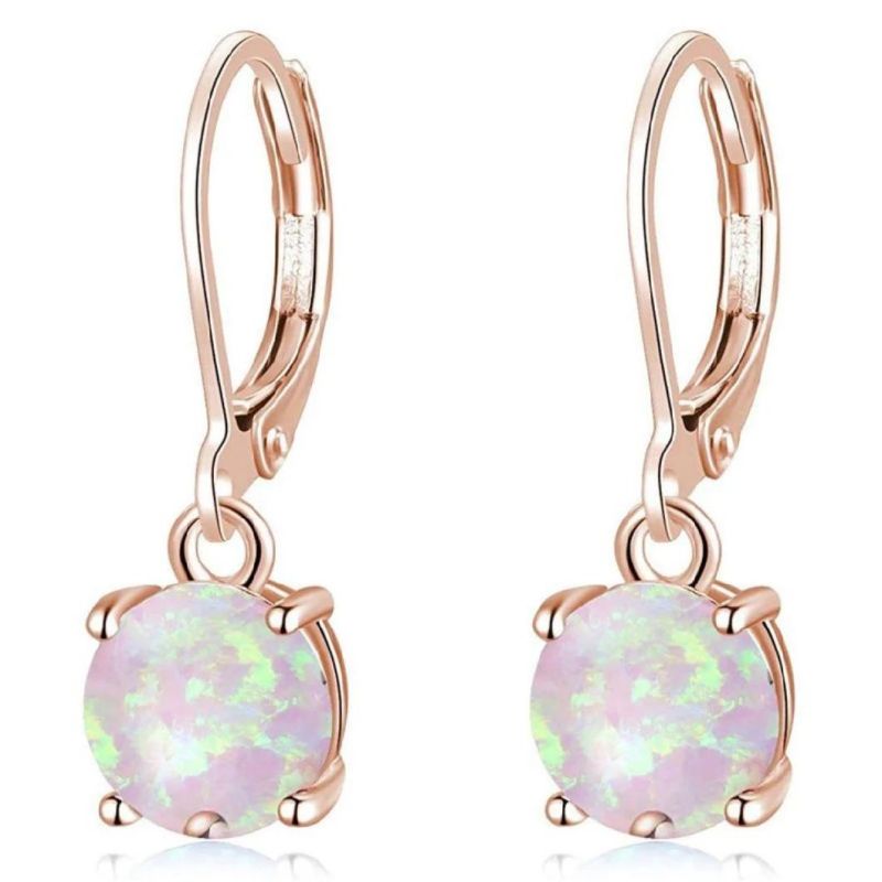 925 Sterling Silver Three Stone Oval Shape Opal Rose Gold Plated Hoop Earrings