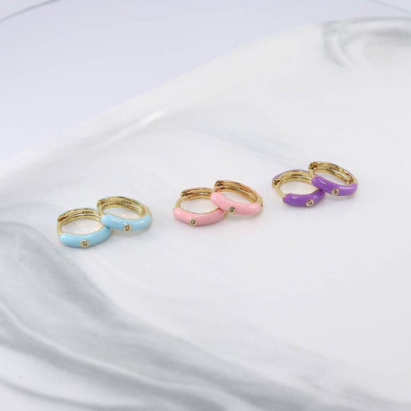 Fashion Jewelry Minimalist Enamel White Pink Purple Blue Green Black Turquoise 925 Sterling Silver Hoop Huggie Small CZ Middle Earrings