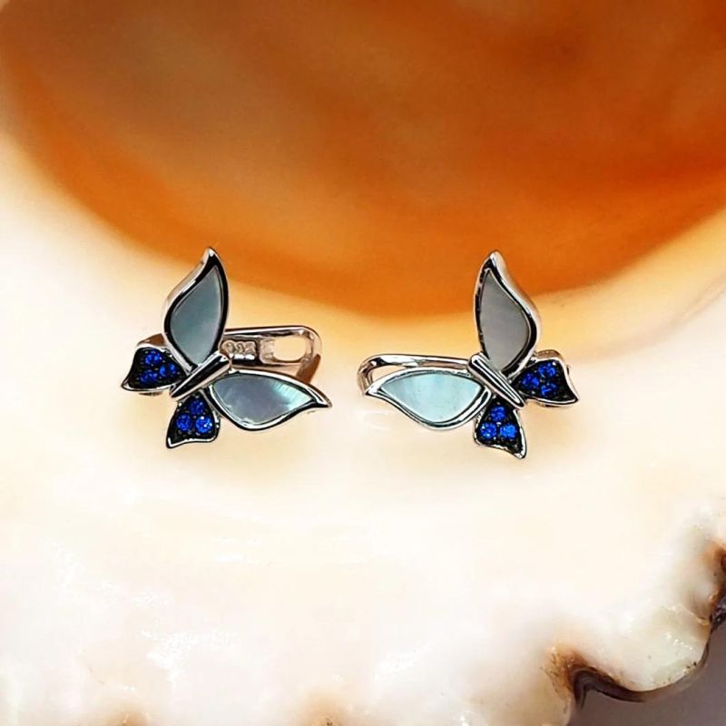 New Design 925 Sterling Silver Classic Pearl Butterfly Earrings with Sapphire Stones