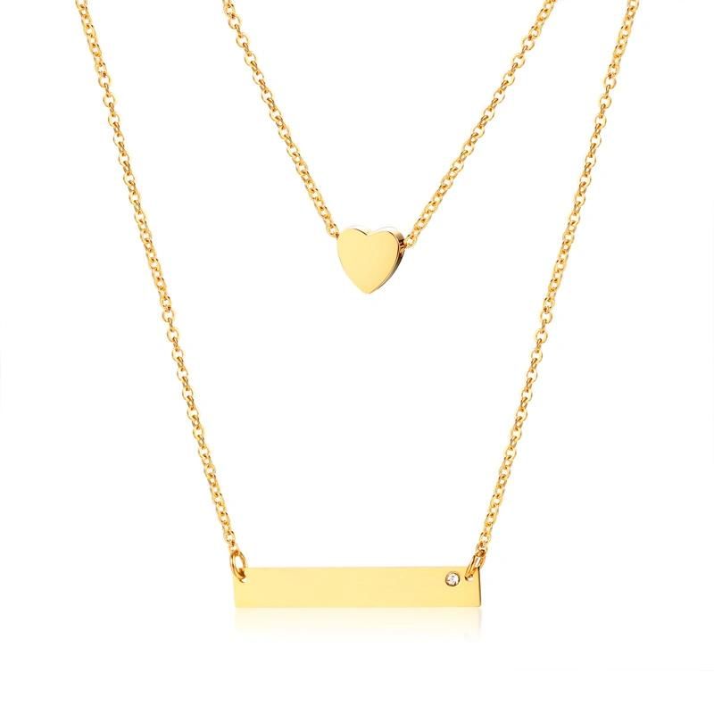 Double Chain Heart Engraved Rectangle Tag Necklace for Female