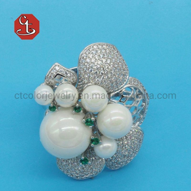 Luxury Cubic Zirconia Pearl Jewelry Shiny CZ Champagne Pink Shell Pearl Rings Temperament Jewelry