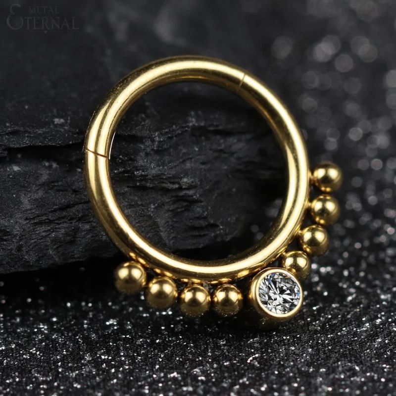 Eternal Metal PVD Gold Titanium Hinged Clicker Nose Rings with Balls and Stone Piercing Jewelry