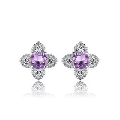 Flower Gemstone Jewelry Amethyst Studs Earrings Sterling Silver Jewelry for Women