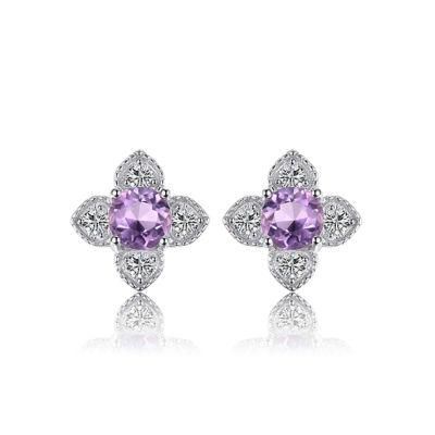 Flower Gemstone Jewelry Amethyst Studs Earrings Sterling Silver Jewelry for Women