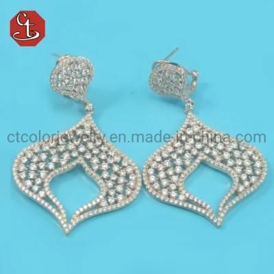 Rhodium Plated Fashion Silver Middle Hollow Dangel Micro Pave CZ Stud Earrings l for Women