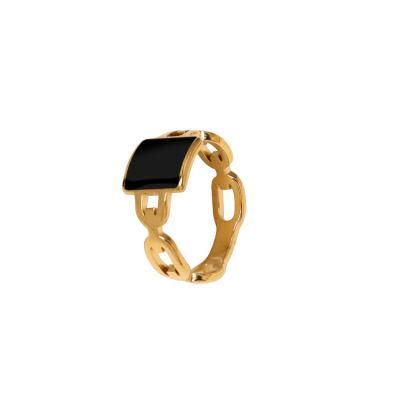 Simple Women&prime;s Square Stainless Steel Gold-Plated Fashion Ring in Black Jewelry