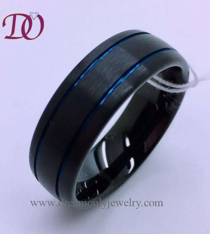 Black Tungsten Ring with Blue Groove