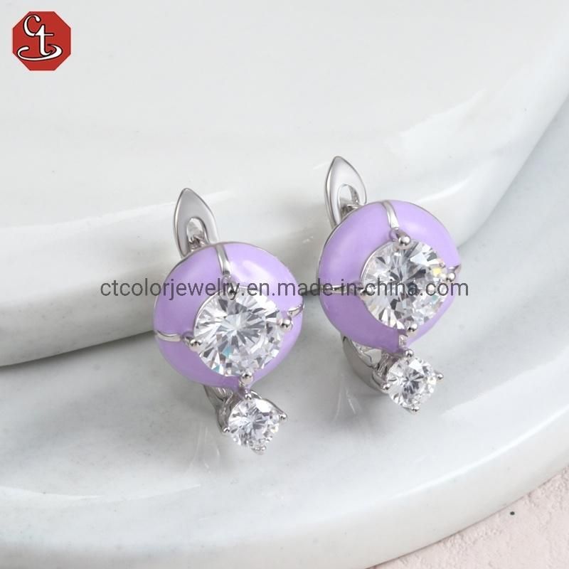 Fashion Jewelry White cz, Rose Rhodium plated Glass purple enamel Earrings