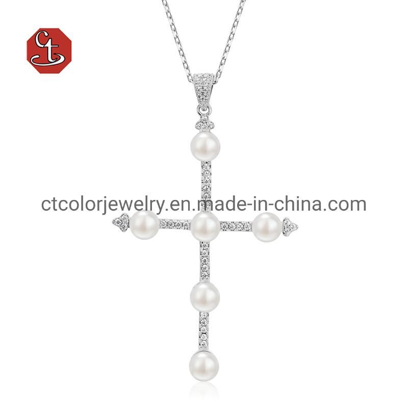 Wholesale fashion 925 silver cross shape 5A CZ nature pearl jewelry necklace