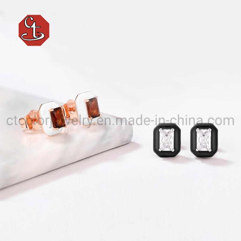 925 Silver with Triangle Shape Design Green and White Enamel Ear Studs Earrings Fashion Jewelry Jewellery