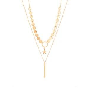 Gold-Plated Stainless Steel Double Round Brand Star Square Pillar Pendant Necklace