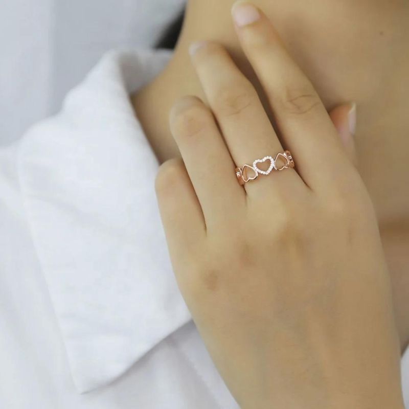 925 Sterling Silver Ring Hollow Heart Love with Zircon Adjustable Ring Cocktail Ring for Women Fine Jewelry