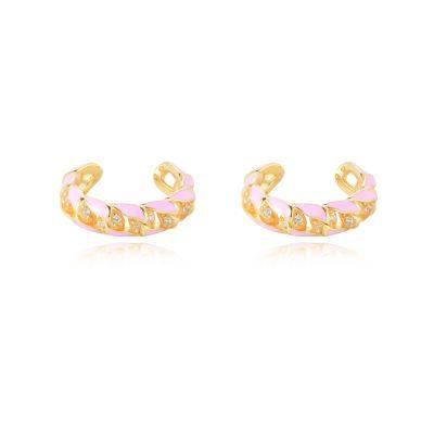 Modern 18K Gold Plated Clip on Twisted Ear Cuff Pink Enamel Earrings