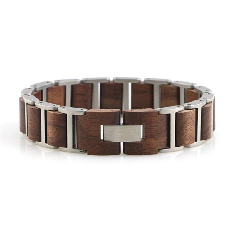 Fashion Natural Wood Stainless Steel Men Bracelet Jewelry