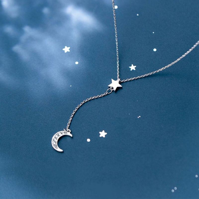 925 Sterling Silver Moon Star Zircon Y Style Pendant Necklace for Women Girls Light Luxury Party Jewelry Gift