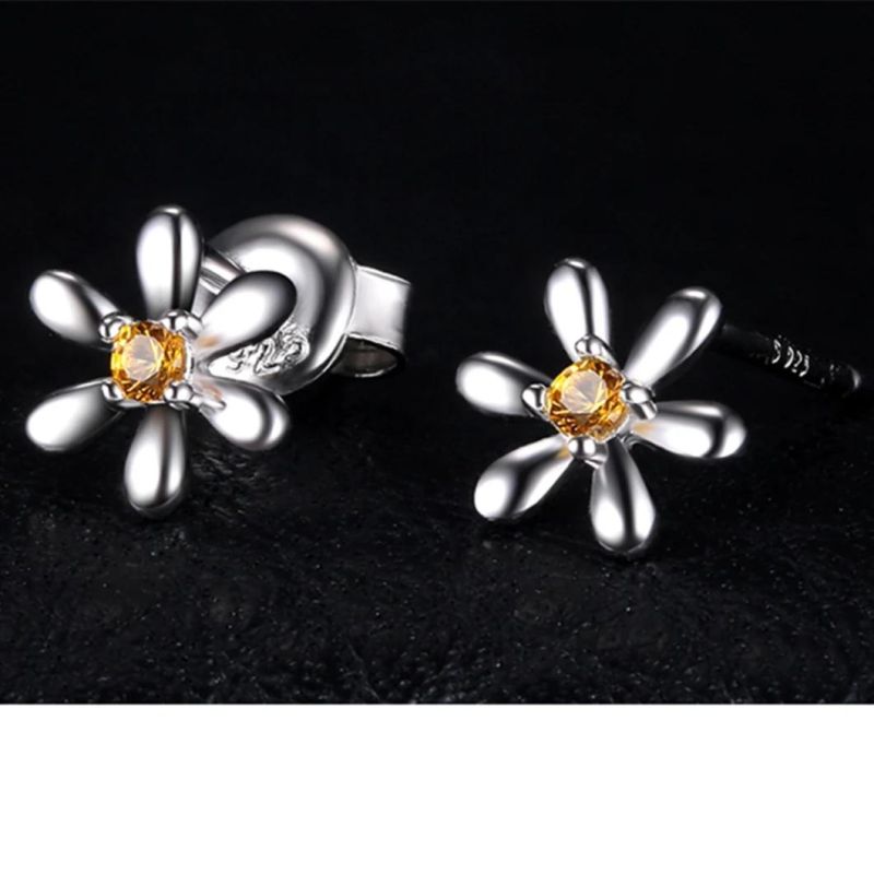 925 Sterling Silver Flower Stud Earring Created Orange Sapphire Fashion Jewelry Wholesale