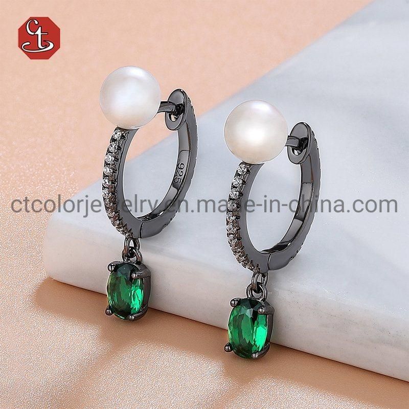 Fashion Women Jewelry 925 Sterling Silver Black Plated Emerald Earrings Pearl Stud Earrings