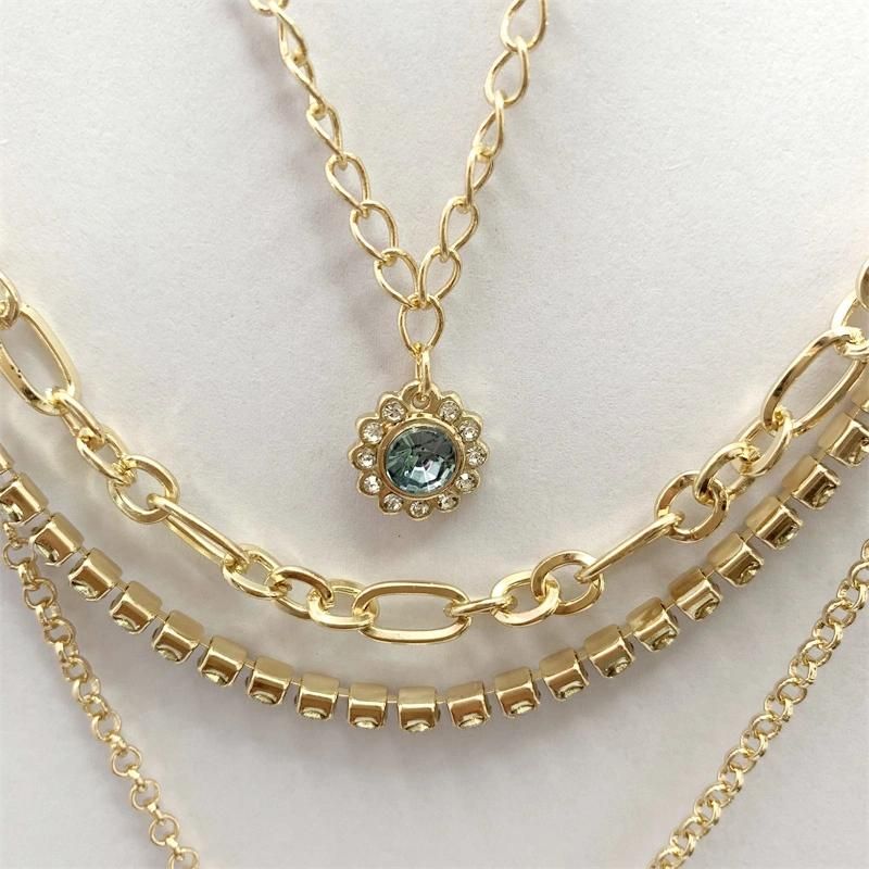 Fashion Jewelry 4 Rows Chain Necklaces with Flower and Embossed Rectangle Pendants Cupchain Link Chain Multiple Necklace Jewelry