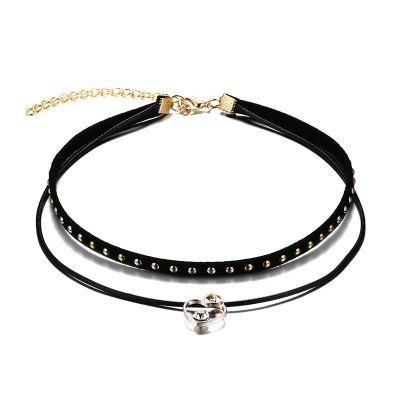 Stainless Steel Bead PU Choker with Shiny Stone Crystal for Female