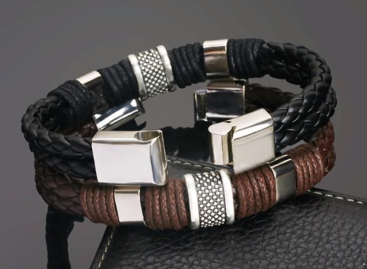 Trendy Genuine Leather Bracelets Men Stainless Steel Multilayer Braided Rope Bracelets for Male Female Bracelets Jewelry