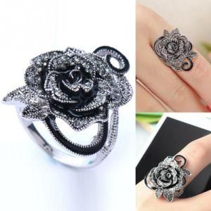 Black Rose Flower Cute Female Ring with Rhinestones for Woman