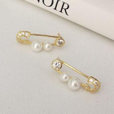Newest Fashion 18K Gold Plated Jewelry Pearl 925 Sterling Silver Paper Clip Earrings for Women