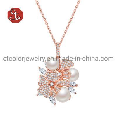 Elegant Flower Pendant AAA Zirconia Natural Pearl Necklace Rose Plating Silver Necklace
