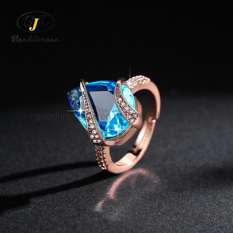 Fashion Sea Blue Zircon Adjustable Ring Luxury Angel Tears Ring
