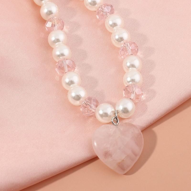 Fashion Jewelry Pearl Crystal Love Pendant Necklace Cute Girl Necklace