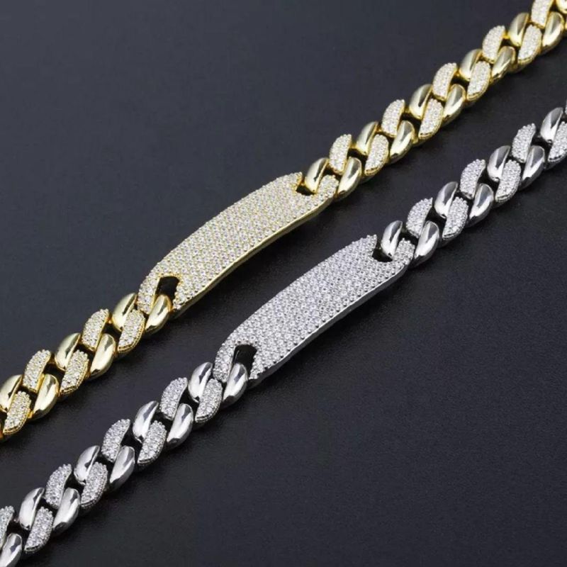 Fashion Hip-Hop Bracelet 18K Gold Plated Diamond Iced out Cuban Link Chain 925 Silver Bracelet with Buckle for Men and Women