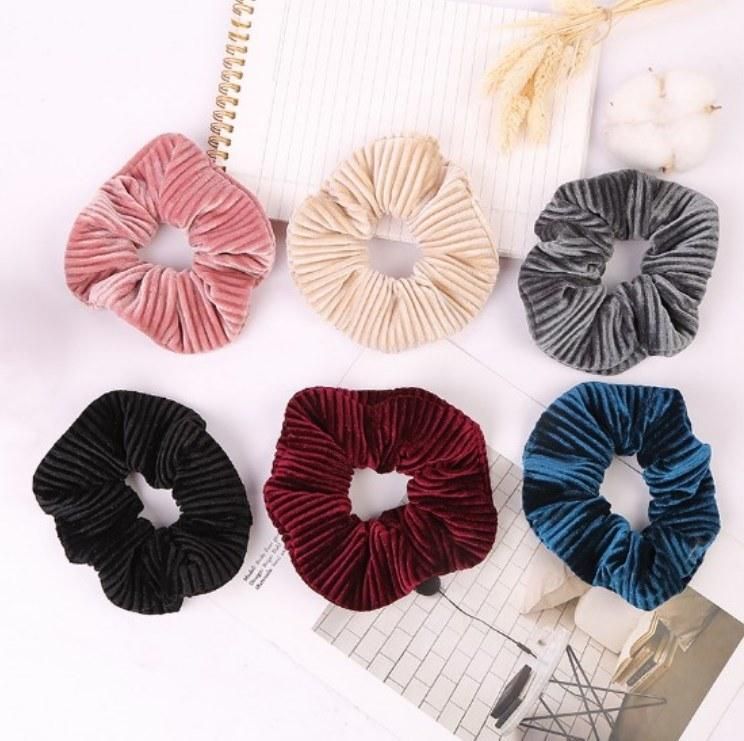 Korean Women Striped Hair Tie Velvet Hair Scrunchies Solid Color Girls Hair Band