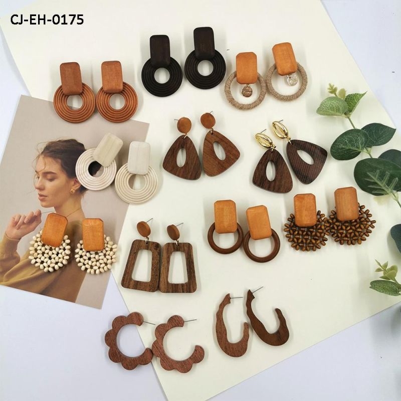 New Fund Temperament Retro Woody Geometry Long Money Earring Rattan Makes up Wood Earring