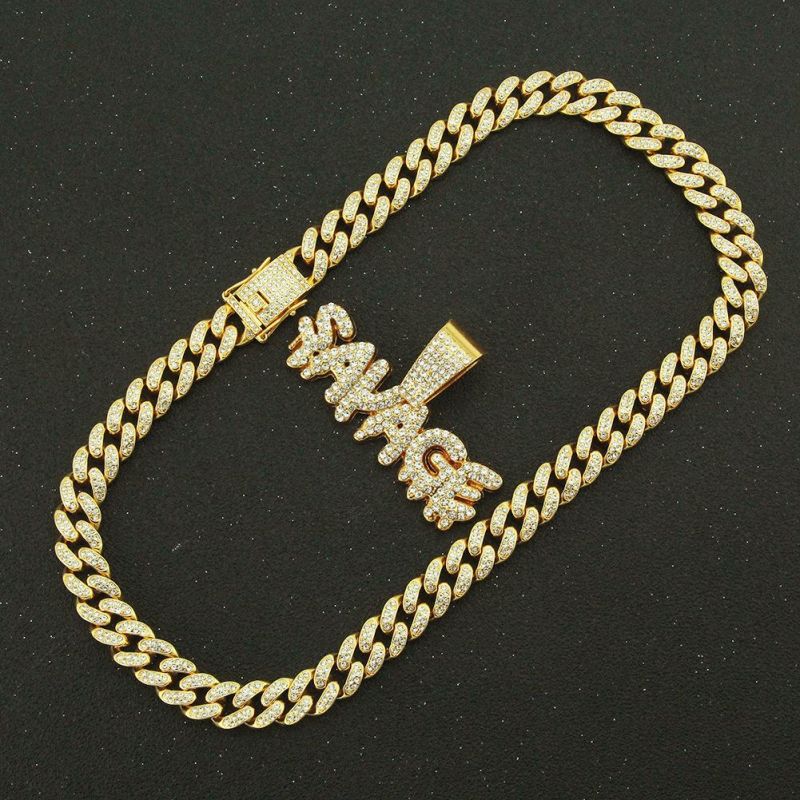 Trend Accessories Full Diamond Splicing Letter Pendant Cuban Chain Necklace