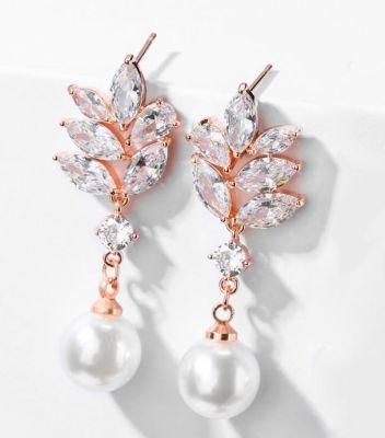 Wedding Earring Jewelry, Wedding Pearl Jewelry, Bridal Earring Jewelry, Rose Gold CZ Earring