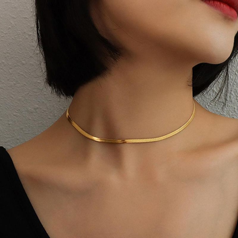 New Fashion Jewelry 925 Sterling Silver 18K Gold Plated Jewellery Herringbone Flat Snake Bone Chain Choker Necklace for Women