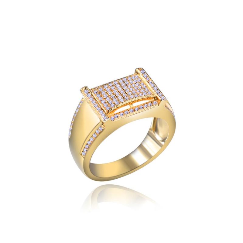 Wedding Shiny Ladies 925 Sterling Silver 5 Cubic Zirconia Diamond Rectangle Hip Hop 24K Gold Plated Rings for Men