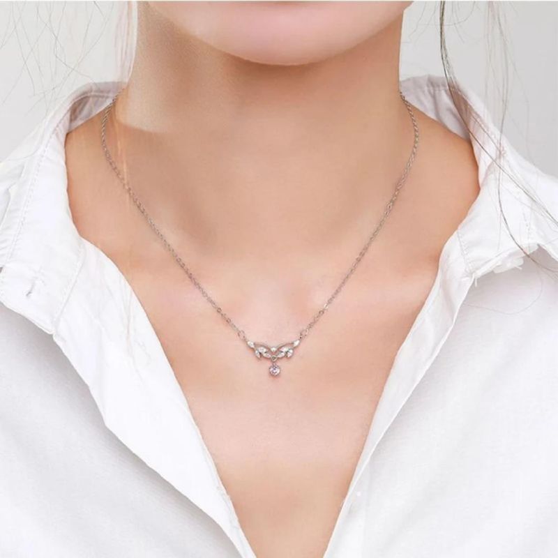 Romantic Light Luxury Pink Zirconium 925 Sterling Silver Necklace Female Diamond Leaf Pendant Necklace