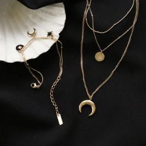 Women Stainless Steel Gold Plated Moon and North Star Pendant Multilayer Three Layered Necklace