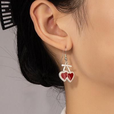 Fashion Beautiful Cherry Shape Red Enamel Colour 18K Gold Plated Crystal Glass Pave Fishhook Earrings for Girl Lady Women