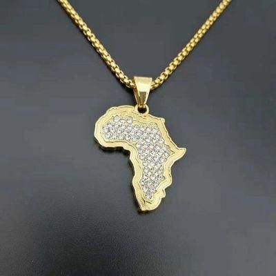 18K Gold Plated Iced out Rhinestone Stainless Steel Africa Map Pendant