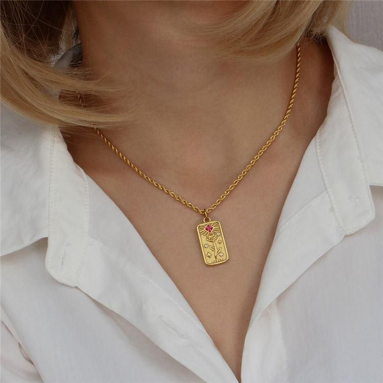 Factory Customized Fashion Rose Moon Carved Gold-Plated Stainless Steel Rectangular Pendant Simple Necklace Jewelry