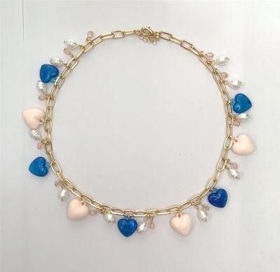 Manufacture Cluster Heart Charms Necklace with Swirl Pearl and Candy Beads Fashion Women Clothing Jewelry