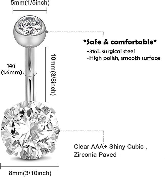 10PCS Belly Button Rings Surgical Stainless Steel 14G Pearl Belly Ring Inlaid CZ Navel Piercings Jewelry for Women