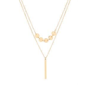 Stainless Steel Gold-Plated Double Round Brand Square Pillar Pendant Necklace