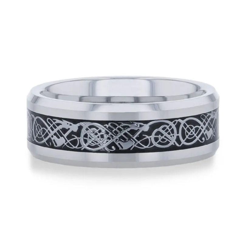 Tungsten Carbide Ring Beveled Edges and Metal Dragon Inlay 8mm